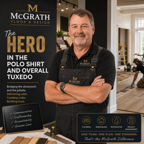 A confident McGrath Floor & Design professional in a polo shirt standing between a flooring showroom and an active home project