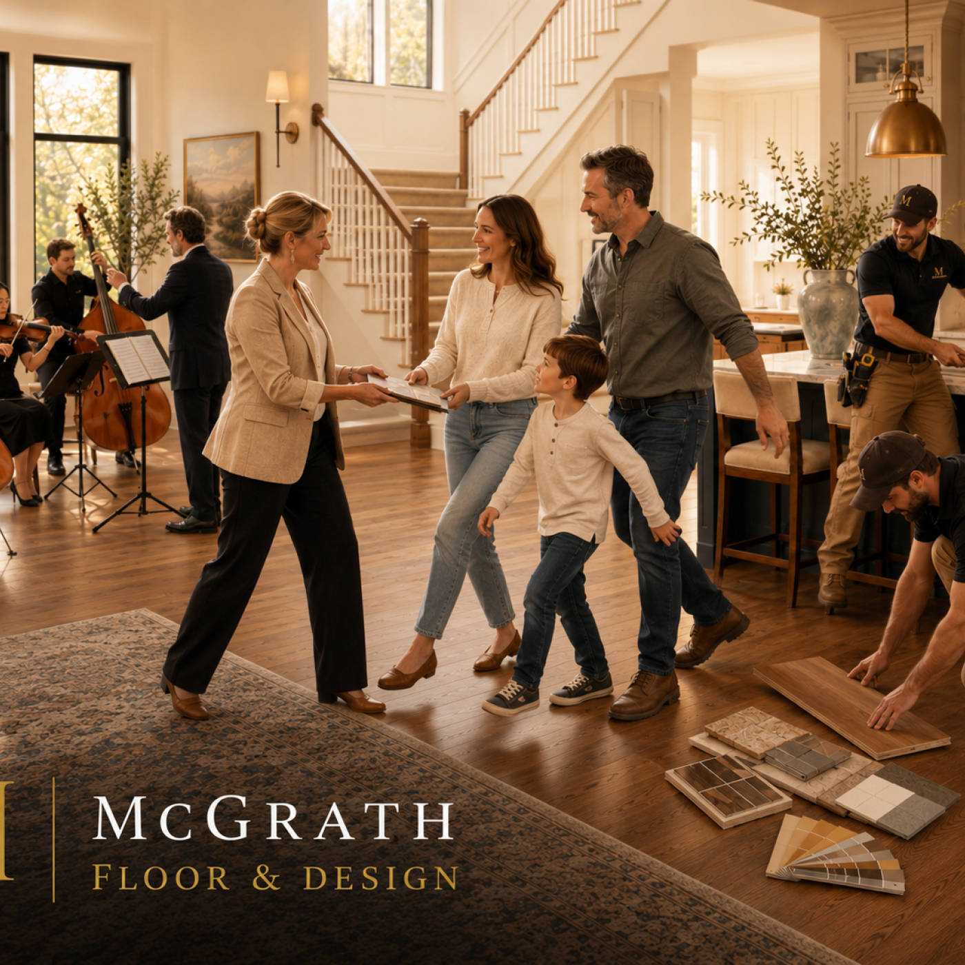 Designers, installers, trades, and homeowners moving in coordinated rhythm through a bright Franklin remodel