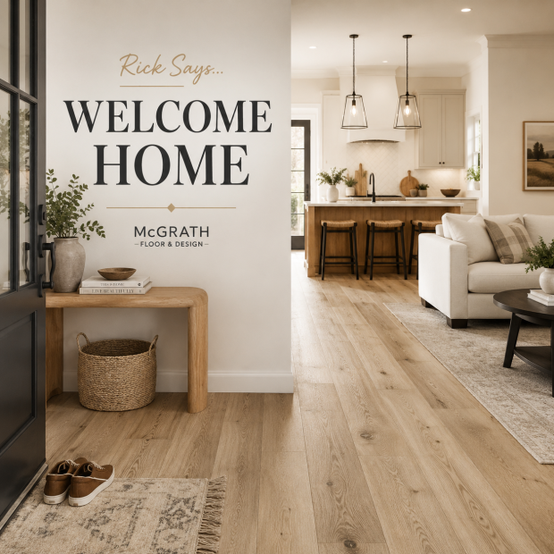Warm Central Tennessee entryway with wide-plank flooring leading into a comfortable living room and kitchen.